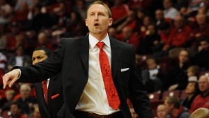 ISU head basketball coach Dan Muller yells to his players on the court during Monday, Nov. 12, 2012, home opener against UC Santa Barbara at Redbird Arena in Normal, Illinois. (B Corbin/WJBC)